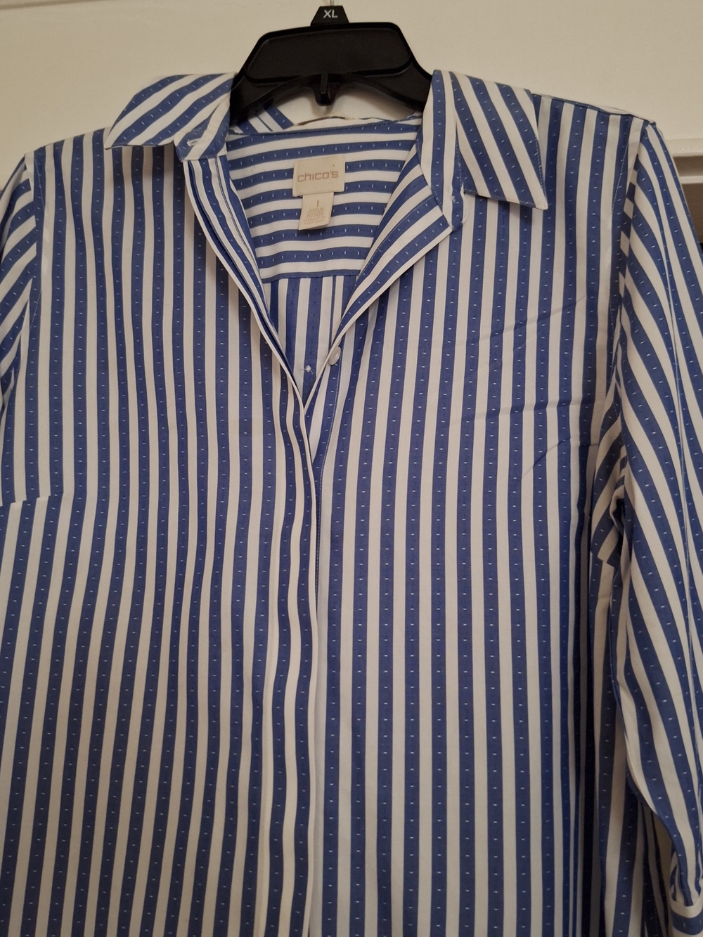 Chico's Blue and White Striped Button-Down Shirt - Picture 2 of 7